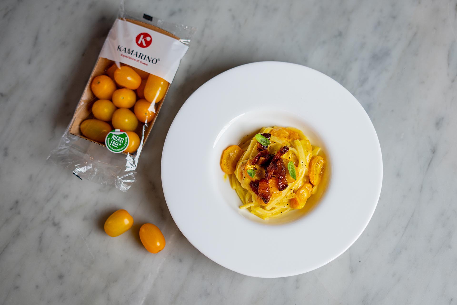 Linguine con crema di Datterino Giallo e guanciale